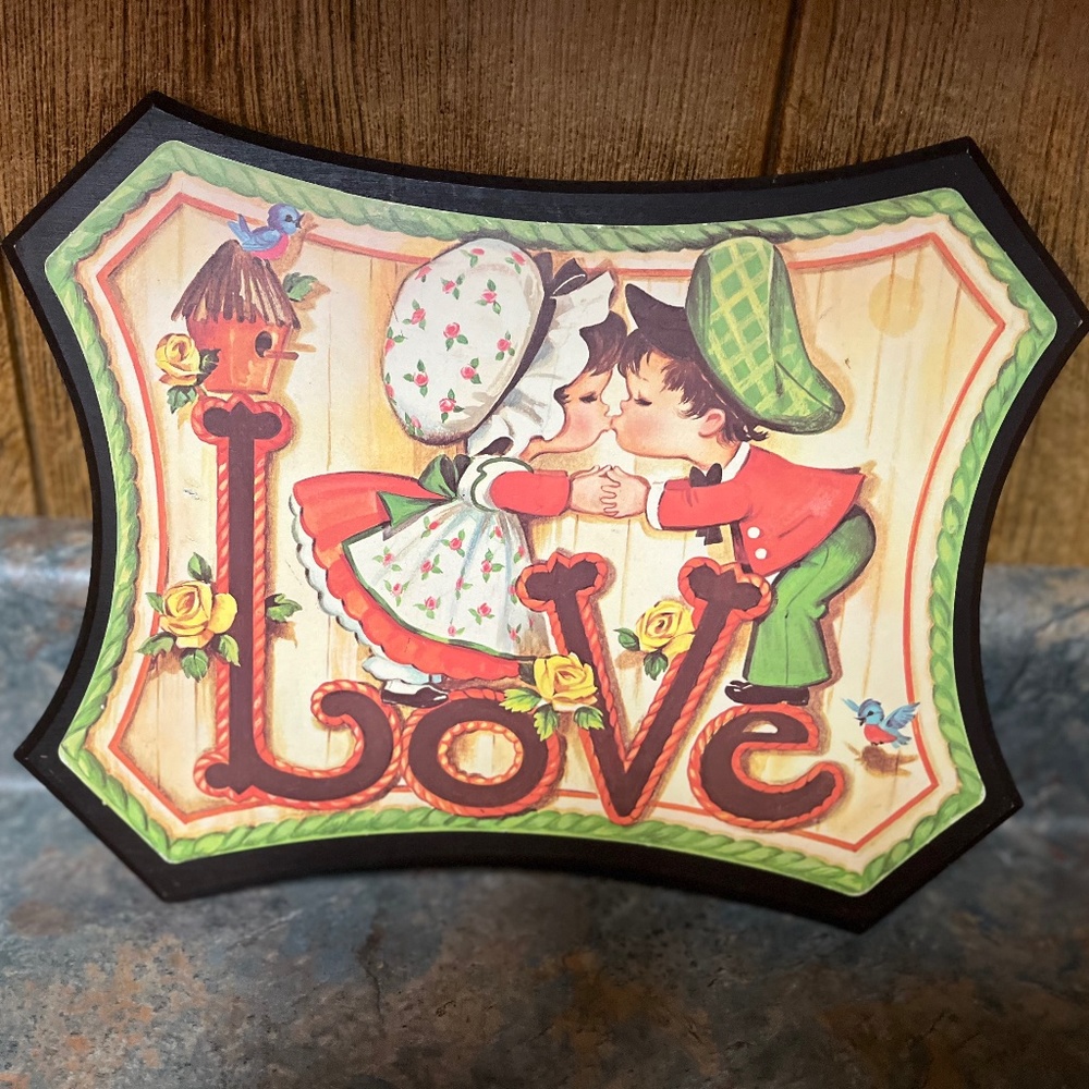 Vintage folk art Bohemian 70s love plaque 12"wide X 10" high